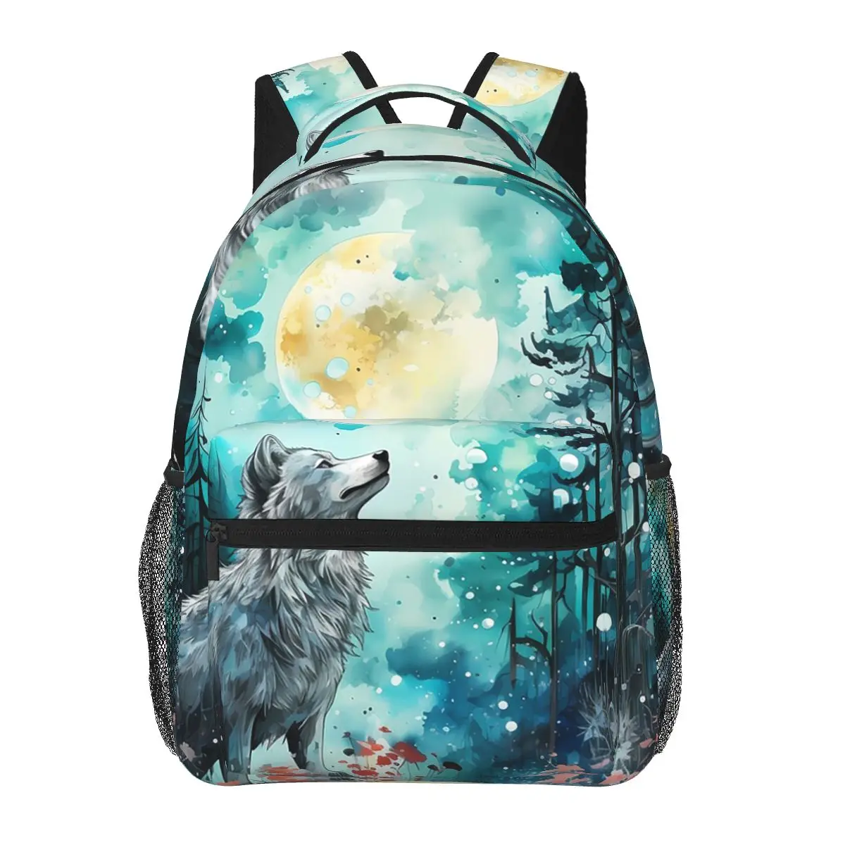 Snowy Wolf And Pine Tree And Moon Theme Student Backpack School Bag Hiking Travel Daypack for Men Women Bookbag Shoulder Bags
