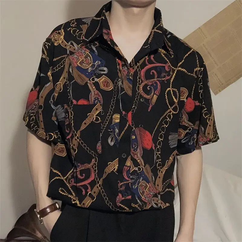 

2024 New Summer Hong Kong Style Elegant Pi Si Smooth Soft Retro Loose Modern Printed Chiffon Short Sleeved Flower Shirt for Men