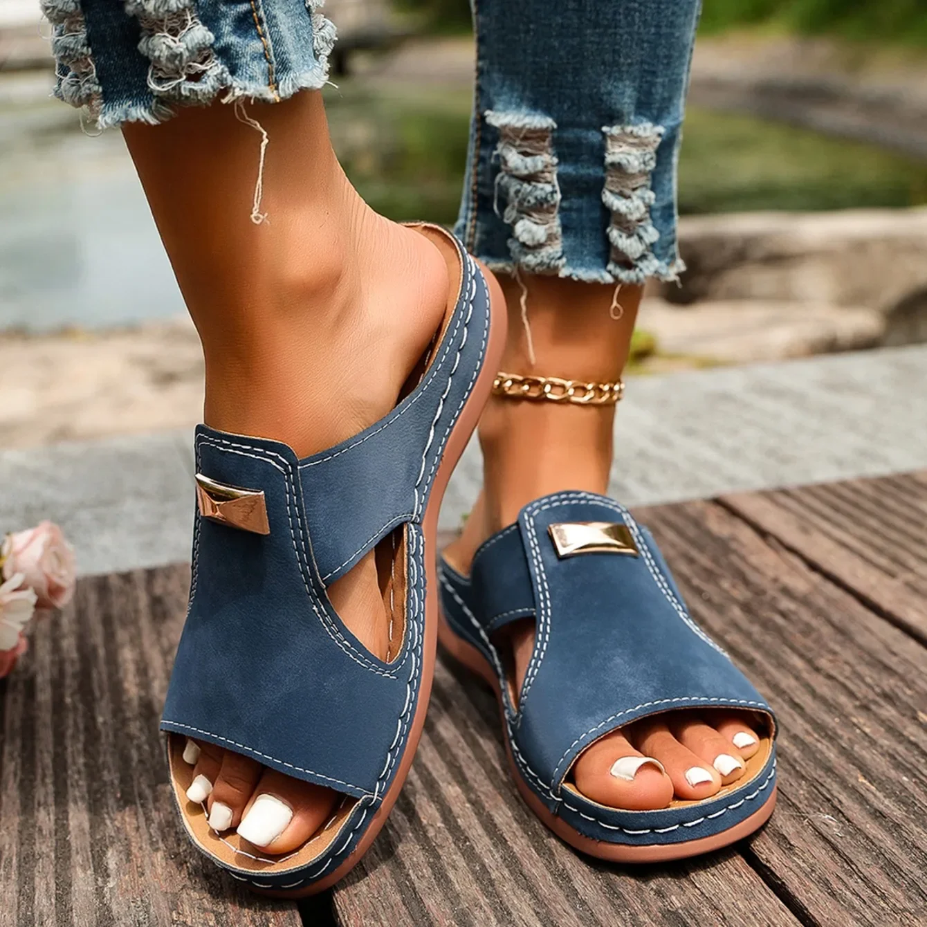 Damen Keilabsatz-Sandalen Sommer Mode-Sandalen Offene Zehen Designer-Sandalen Bequeme Schnallenschuhe Leichte Damen-Slides – Detail 9
