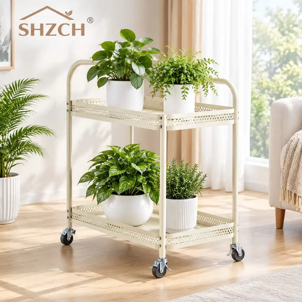 Minimalist Iron Flower Pot Stand  Movable  Planter Rack  Easy-Clean Rolling Shelf  Double-Layer Succulent Display Organizer