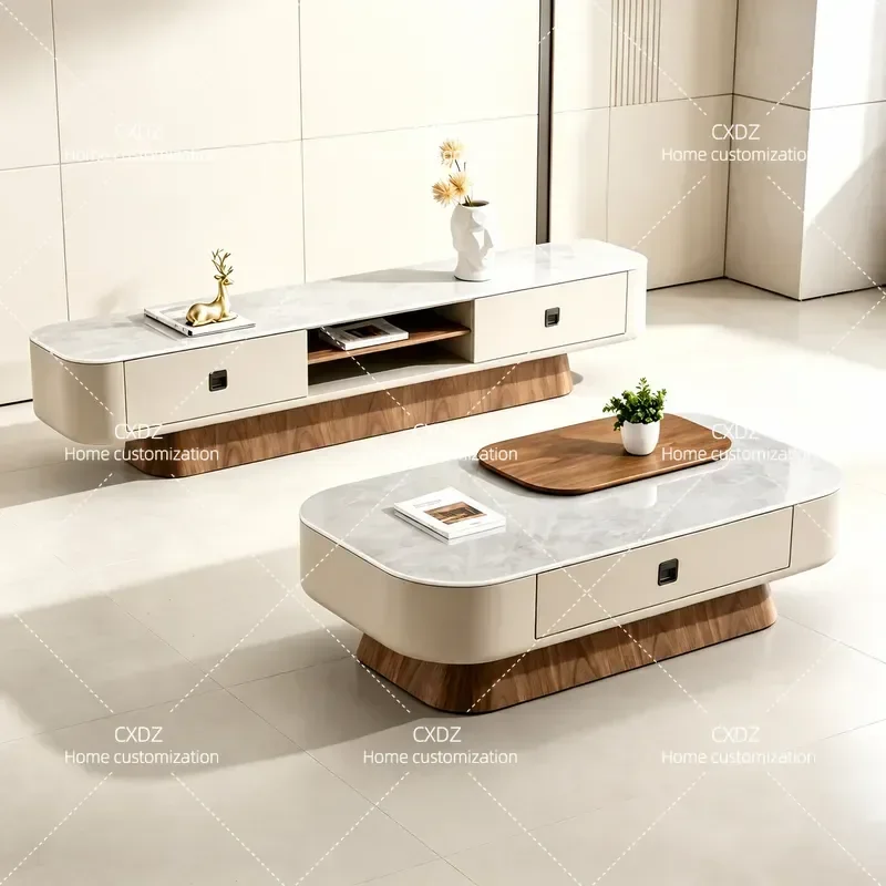 Modern Simple Rock Slab Hollow TV Cabinet and Coffee Table Combination Light Luxury Living Room Furniture for Small Apartment