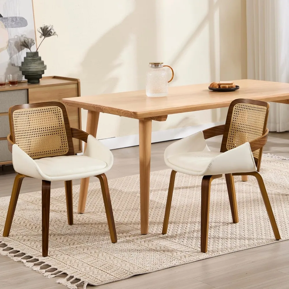 Modern PU Leather Dining Chairs Set of 2, Cane Back Room Chairs with Solid Wood Legs Kitchen Chairs for Living Room, Restaurant