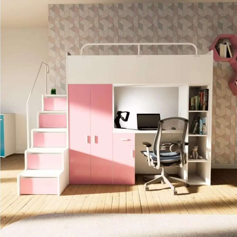Factory Direct 2026 Loft Bed with Desk and Wardrobe Kids Bunk Bed with Study Area Space Saving High Sleeper for Teen Children's