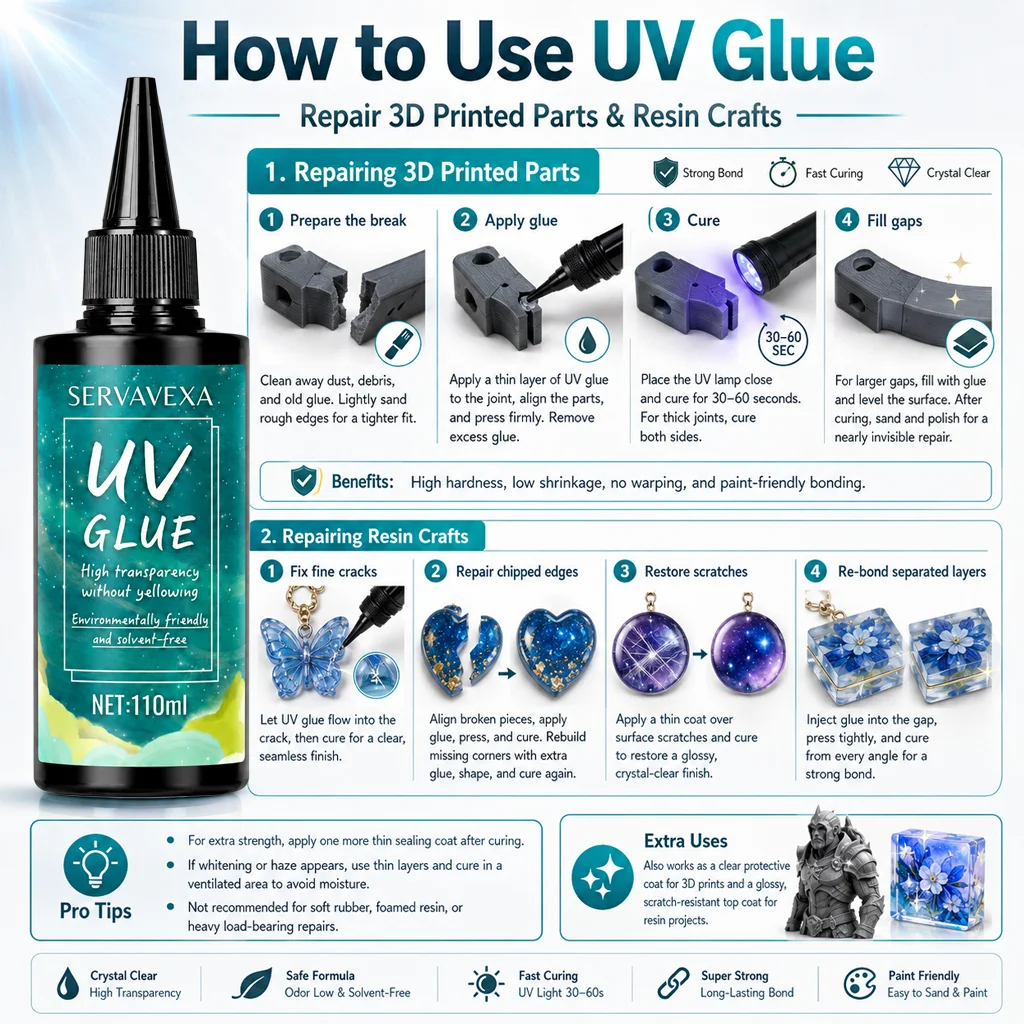 UV Glue Kit with UV Lamp & Fine Detail Brush – Crystal Clear Fast Cure Adhesive for Jewelry, Glass, Resin & DIY Repairs
