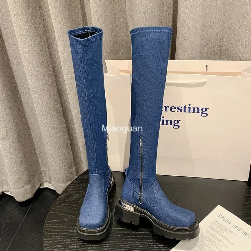 Square Head Denim Over Knee Boots for Women's 2023 New Thick Soled High Tube Knight Boots Versatile Shoes Autumn Winter Designer