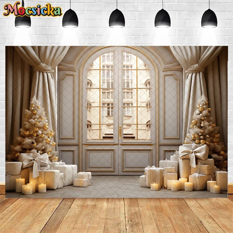 Mocsicka ฉากหลังภายในแบบวินเทจสำหรับถ่ายภาพคริสต์มาสงานปาร์ตี้ต้นไม้ของขวัญคริสต์มาสของเด็กครอบครัวฉากหลังสตูดิโอถ่ายภาพ