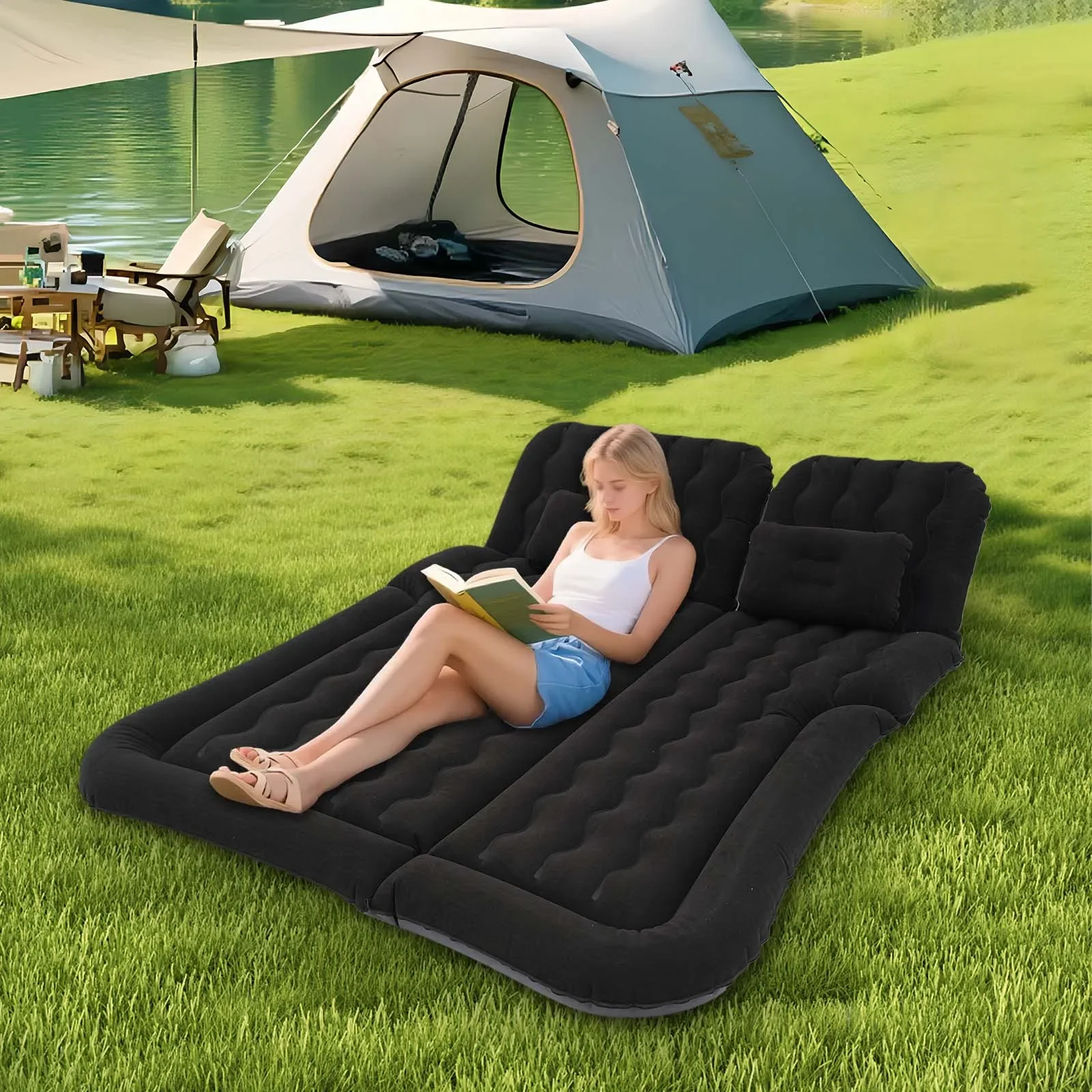 

Черный надувной матрас, флокированный + ПВХ — максимальная нагрузка 551,16 фунтов и 6 надувных отверстий (с насосом), двойная перегородка (26,77 дюйма и 19,69 дюйма)