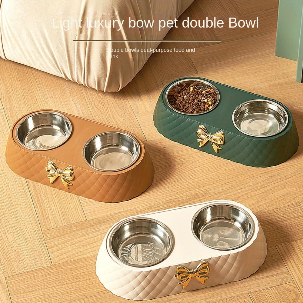 A set of colorful fashion bow pet bowl Large capacity feeding double bowl stainless steel cat bowl feeding water cat rice bowl