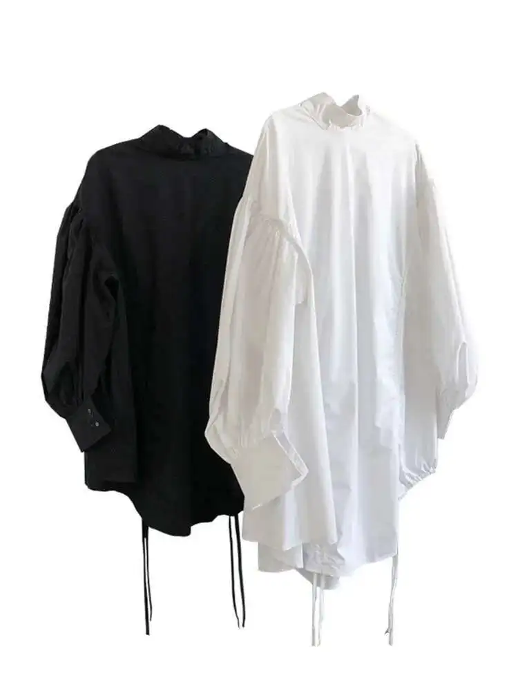 TLXT Mode Gesplitste Onregelmatige Jurk Dames Opstaande Kraag Lantaarnmouwen Trekkoord Designer Korte Jurken Zomer 2025, XK1285