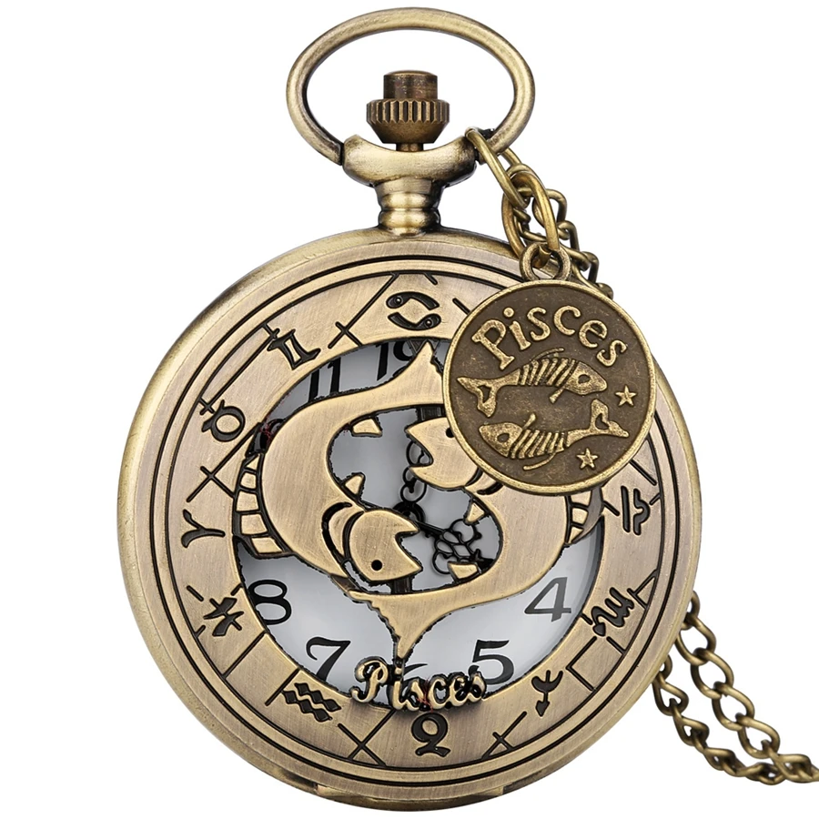 

Punk Hollow Zodiac Signs Pisces Constellations Quartz Pocket Watch Men Women Birthday Gifts Pendant Watch with Pisces Accessory