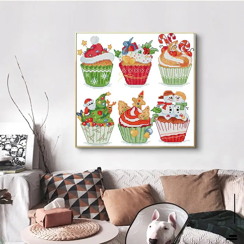 Christmas Cupcakes Cross Stitch Kit Aida14CT 16CT 11CT White Canvas Printed Fabric DMC Embroidery Floss DIY Hand Sewing Crafts