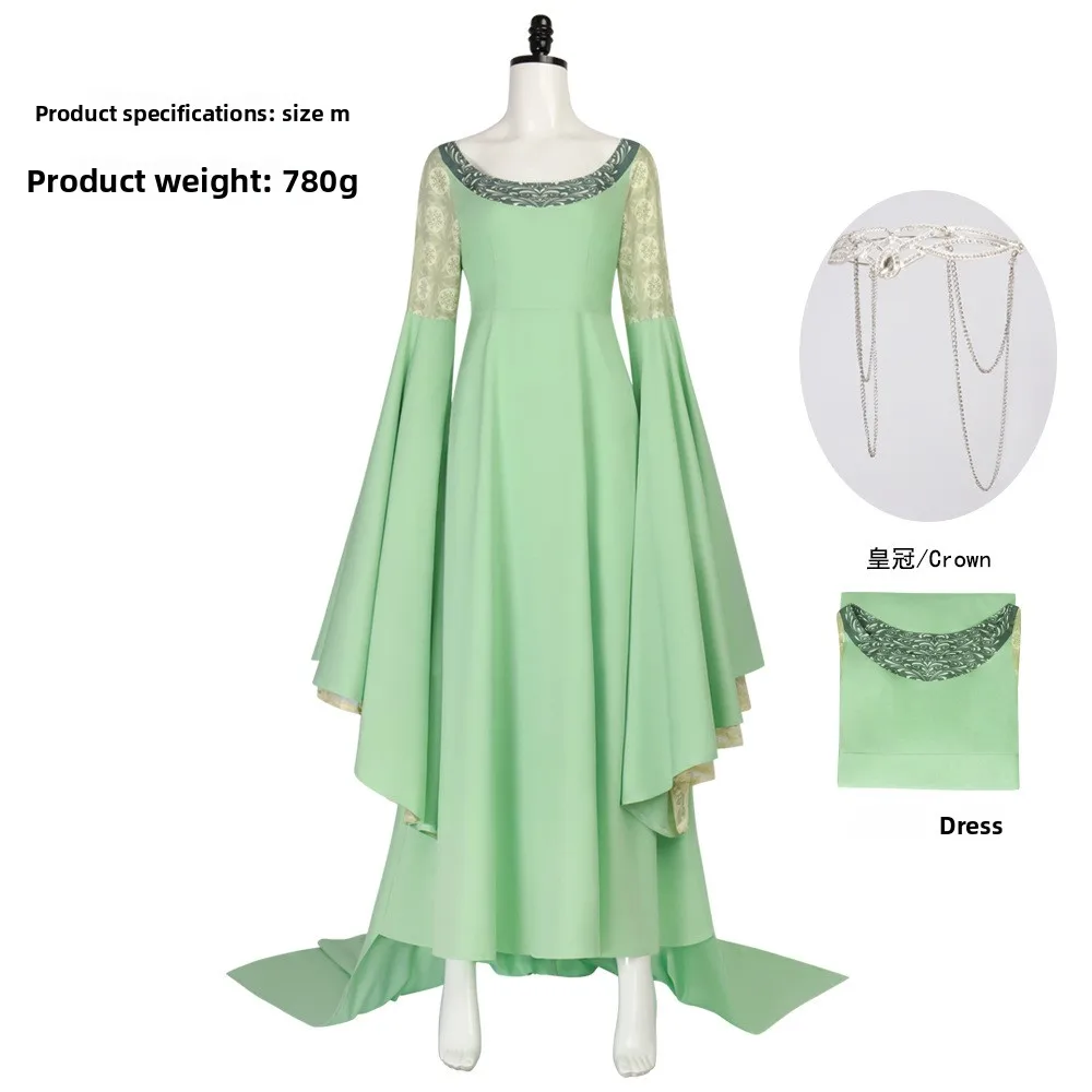 

Arwen Cosplay Green Long Dresses Wide Sleeve Crown Props Elven Princess Lady Costumes Halloween Carnival Party for Woman