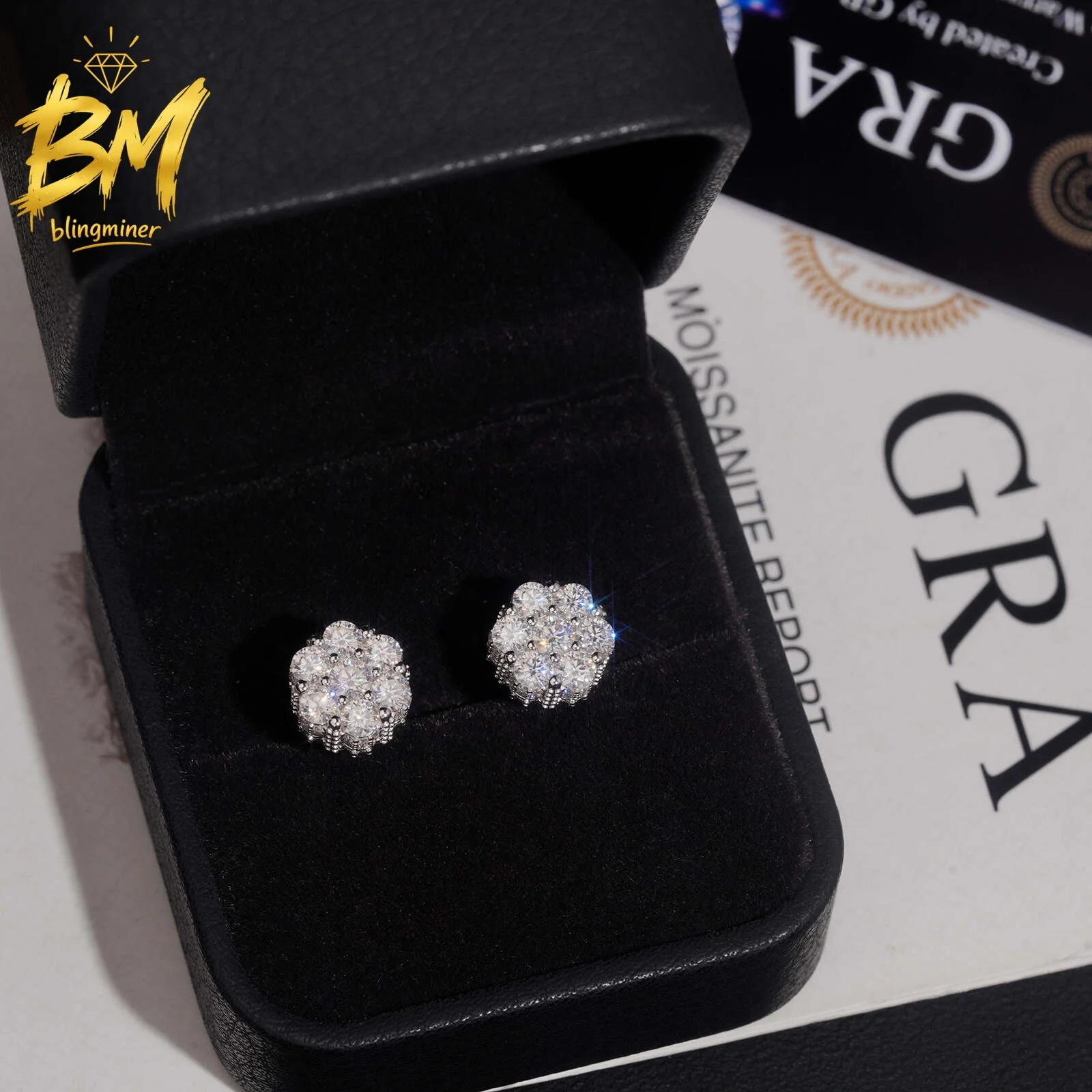 Blingminer Iced Out Flower VVS Moissanite Earrings For Men Women S925 Silver Ear Studs Jewelry Pass Diamonds Tester Free Shippin