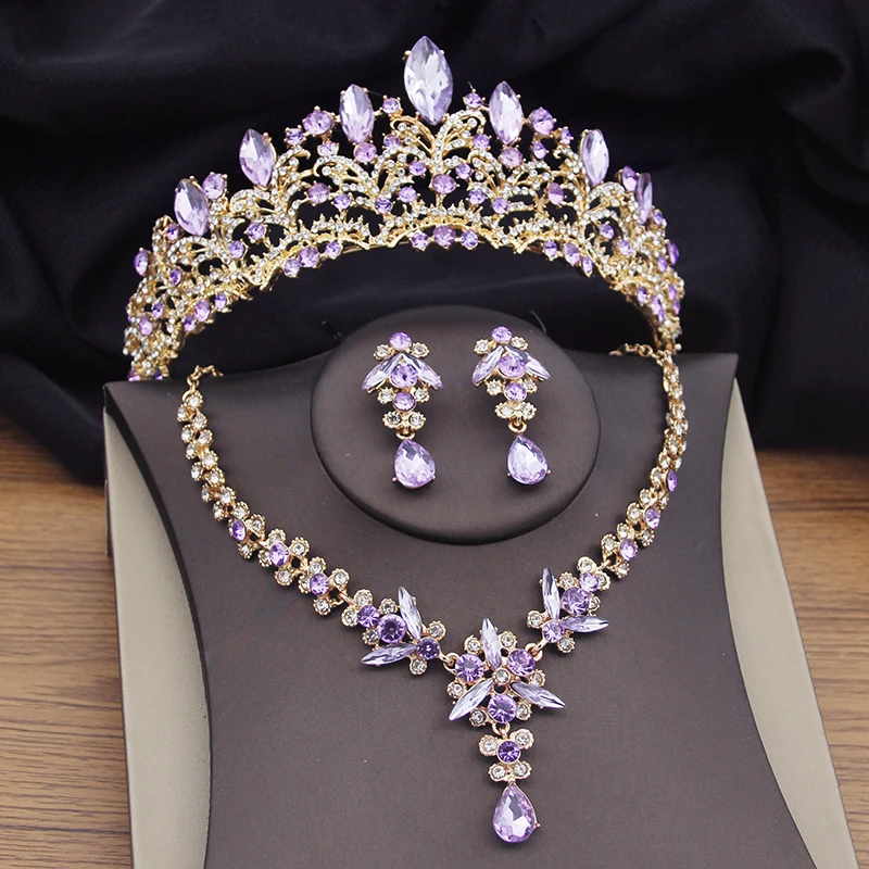 Luxury Purple Crystal Bridal Jewelry Sets for Women Wedding Tiara Crown Necklace Earring Prom Gold Color Bride Crown Jewelry Set