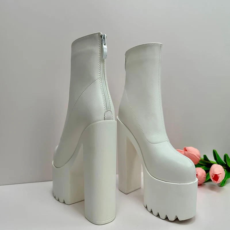 16cm Women\'s White Patent Leather Platform Square Heel Modern Zipper Ankle Boots platform boots thigh high boot
