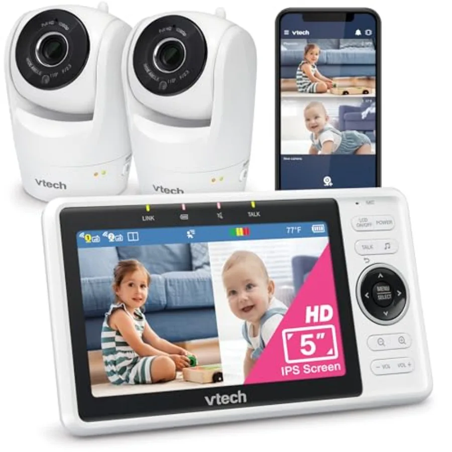 

Умная Wi-Fi видеоняня VTech с двумя камерами, камерой 1080p FHD и 5-дюймовым HD IPS-экраном, бесплатное приложение с функцией обнаружения движения и звука