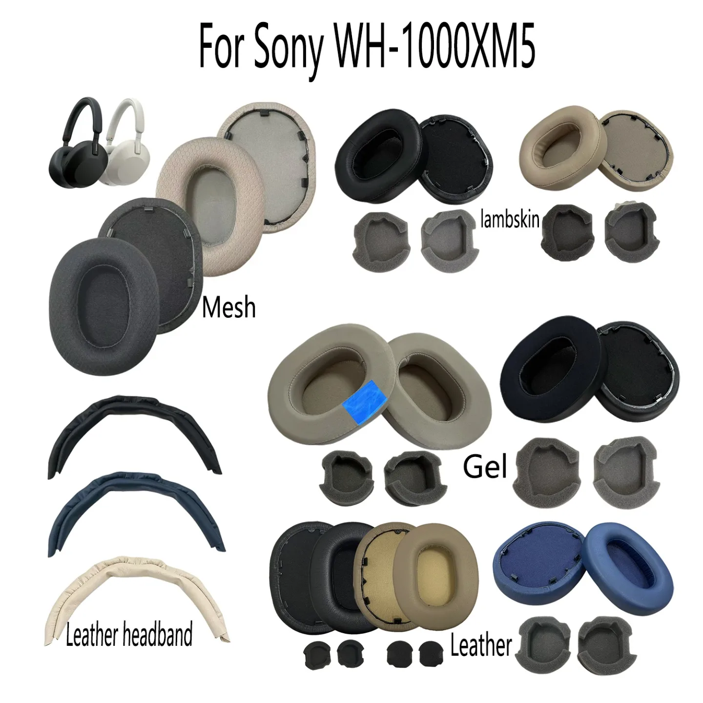 Para Sony WH-1000XM5: Almohadillas de malla, almohadillas de cuero proteico, almohadillas de gel de piel de oveja, funda para diadema.
