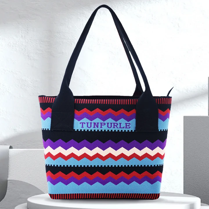 Bohemian Tote Bag Female College Student Shoulder Bag Blue Purple Wave Stripe Handbag Women Large Capacity Commuter Bag Lady's