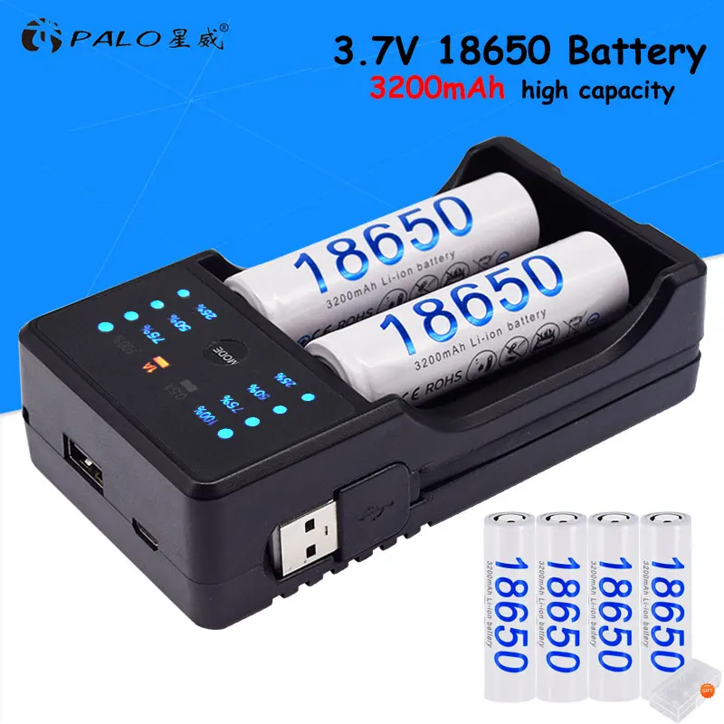 PALO 18650 Akku 3,7 V 18650 Lithium-Ionen-Akku für Powerbank-Lampe, Taschenlampe, 18650-Batterien + 2/4-Slots-Ladegerät