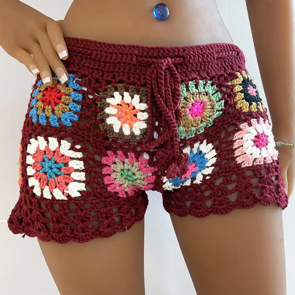 Women Crochet Beach Shorts Slim Fit Hollow Out Vacation Shorts Colorful Print Drawstring Elastic Waist High Waist Short