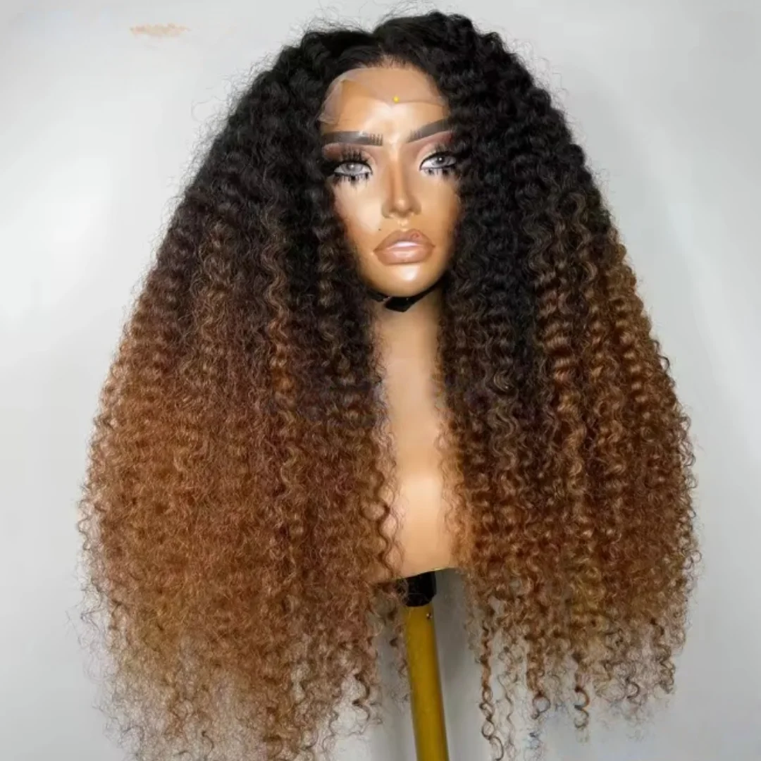 Glueless  26 Inch 180 Density Kinky CurlyOmbre Brown Natural Hairline Lace Front Wig for Women Synthetic Heat Resistant Daily