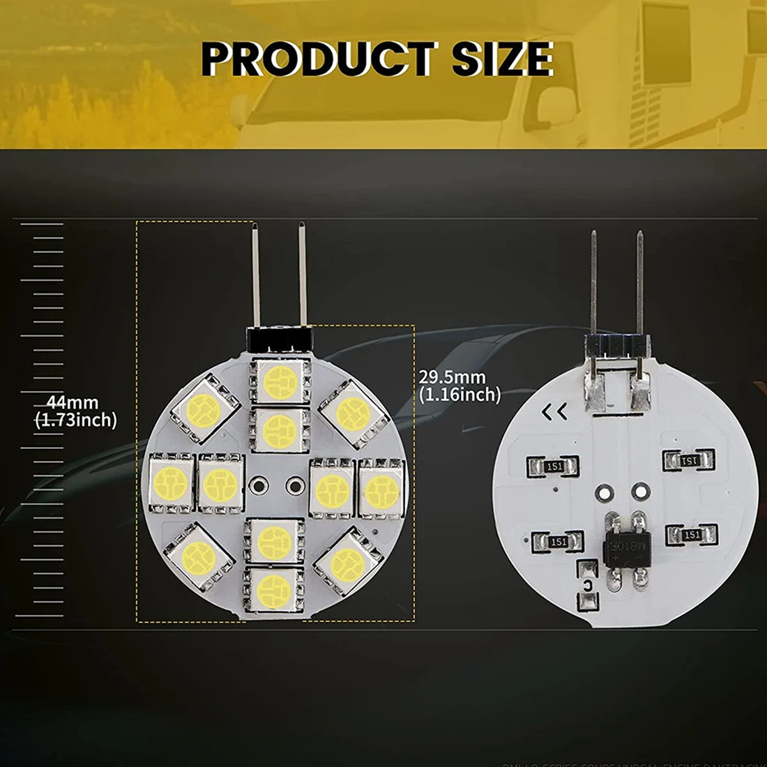 RV Camper LED Puck Lights Lâmpadas, Base lateral do pino, Redonda, Luz de leitura doméstica, Branco, G4, 5050, 12SMD, 12Pcs