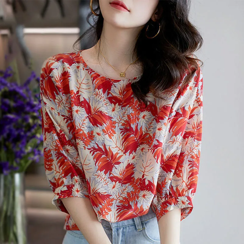 Casual Fashion O-Neck Chiffon Printing Shirt Summer Women\'s Clothing 2023 New Korean Female Loose Pullovers 3/4 Sleeve Blouses