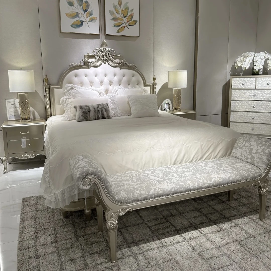 

American master bedroom light luxury bed double bed carved solid wood soft bag wedding bed