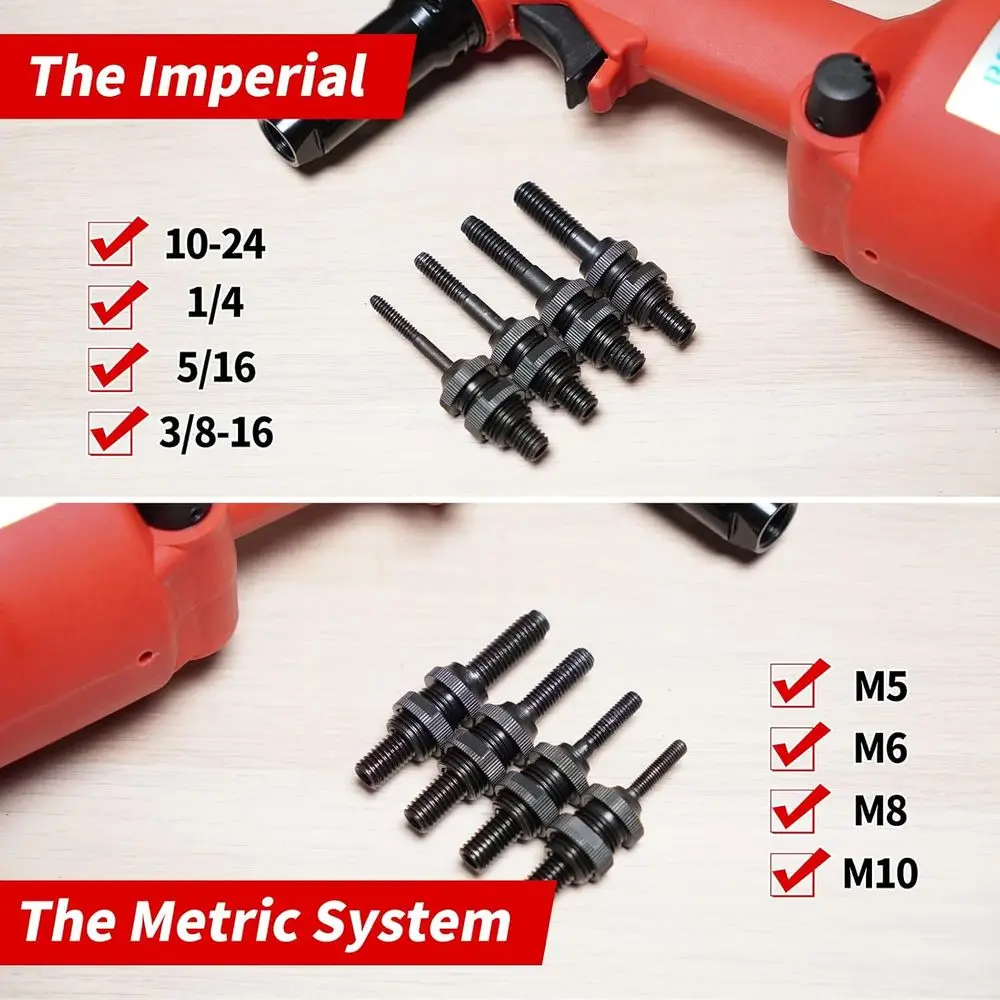 Hydraulic Pneumatic Riveter Automatic Air Rivet Nut Gun Tool Setting Kit Rivnut Riveting, with Metric & SAE Mandrels (8 Size)