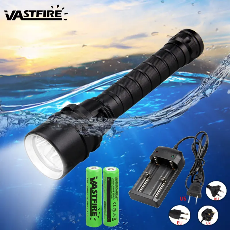 Potente linterna LED de buceo, luz UV/blanca, resistente al agua, bajo el agua, 100 metros, alimentada por batería 18650