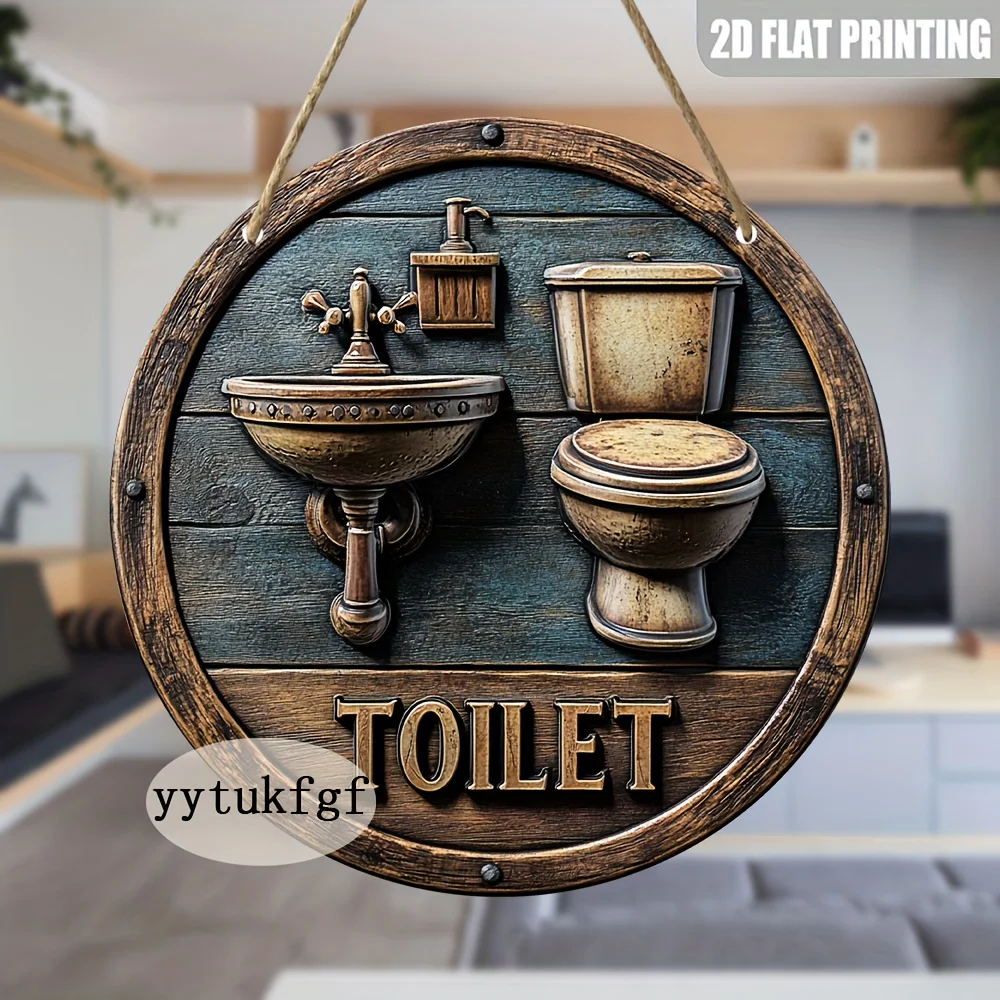 2D flach, 1 Stück rustikales Toilettenschild aus Holz – 20,3 x 20,3 cm runde Badezimmer-Wanddekoration mit Vintage-Toilettenillustrationen, künstliches Holz C