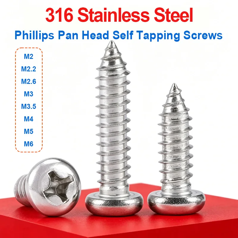PA316 Pan Head Self Tapping Wood Screws 316 Stainless Steel Phillips Cross Full Thread Fasteners M2-M6 Sizes Length 4mm To 100mm