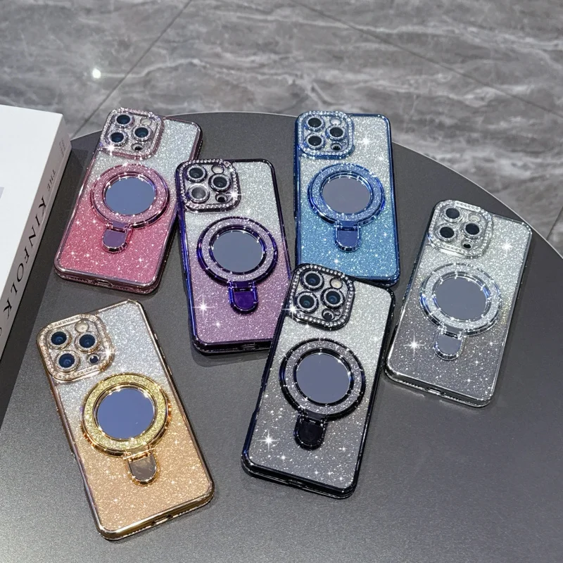 

New rhinestone glitter paper makeup mirror with magnetic stand suitable for useiphone 16promaxFull-cover phone case with precise