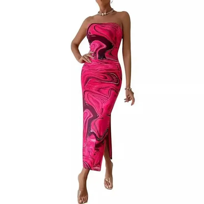 Summer Women Sexy Chestless Hem Slit Sleeveless Printed Dress