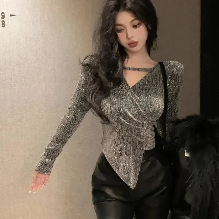 Elegant Long Sleeve Sequin Shirt Women's Slim Fit Fashionable Spring New Style Ladylike Personality Popular Commute Style Top