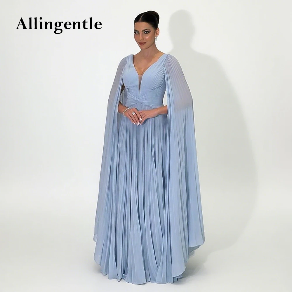 

Blue Chiffon V-Neck Pleat Arabic Evening Dress Muslim A-Line Wedding Party Gown Elegant Formal Occasion Women's Dress Customized