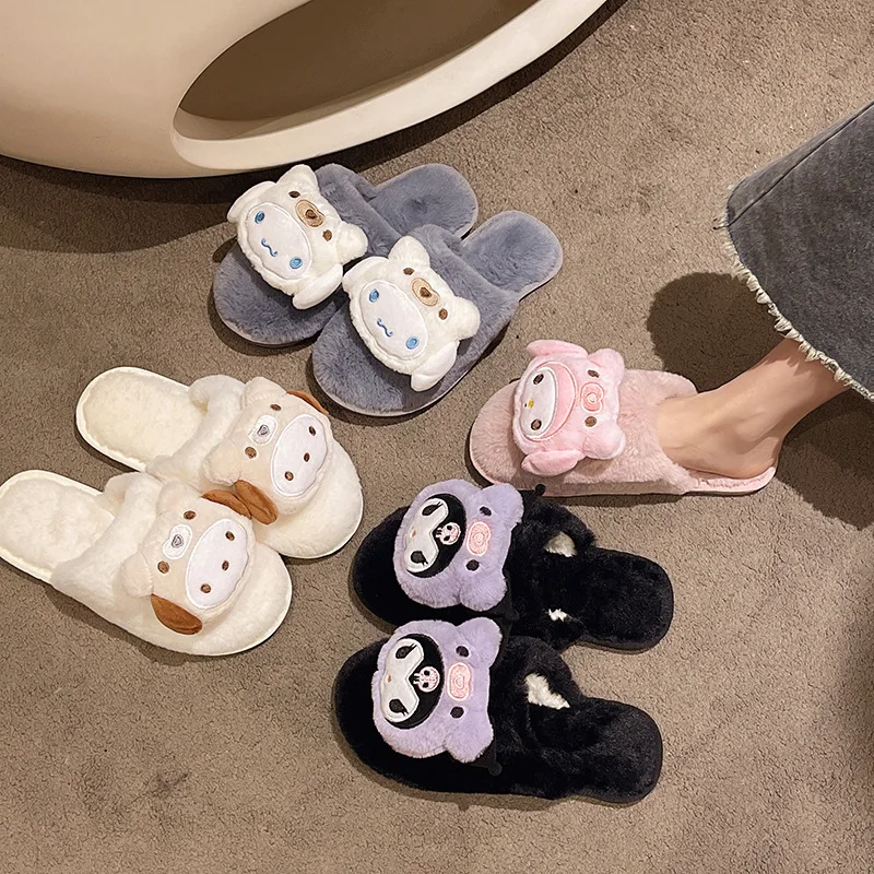 Sanrio autumn and winter Kulomi cute warm home women's shoes big-eared dog cartoon dollnon-slipthick-soled plush cotton slippers