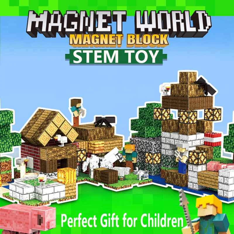 

MC Theme Magnetic Building Blocks With Mini Figures Animals Kids STEM Educational Toys pixel Cube Bricks Gifts for Boys and Girl