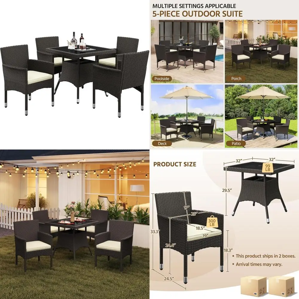Yaheetech Outdoor Patio Furniture Set: 5-Piece Rattan Dining with 4 Chairs and Glass Table Featuring Umbrella Hole for Garden or