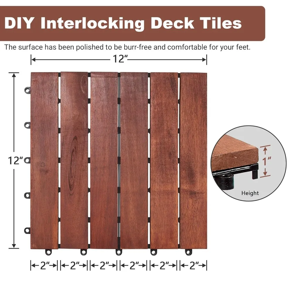 216 Stück FSC-zertifizierte ineinandergreifende Deckfliesen aus Akazienholz, 30,5 x 30,5 cm, wasserdichte Decking-Fliesen für den Innen- und Außenbereich, Braun