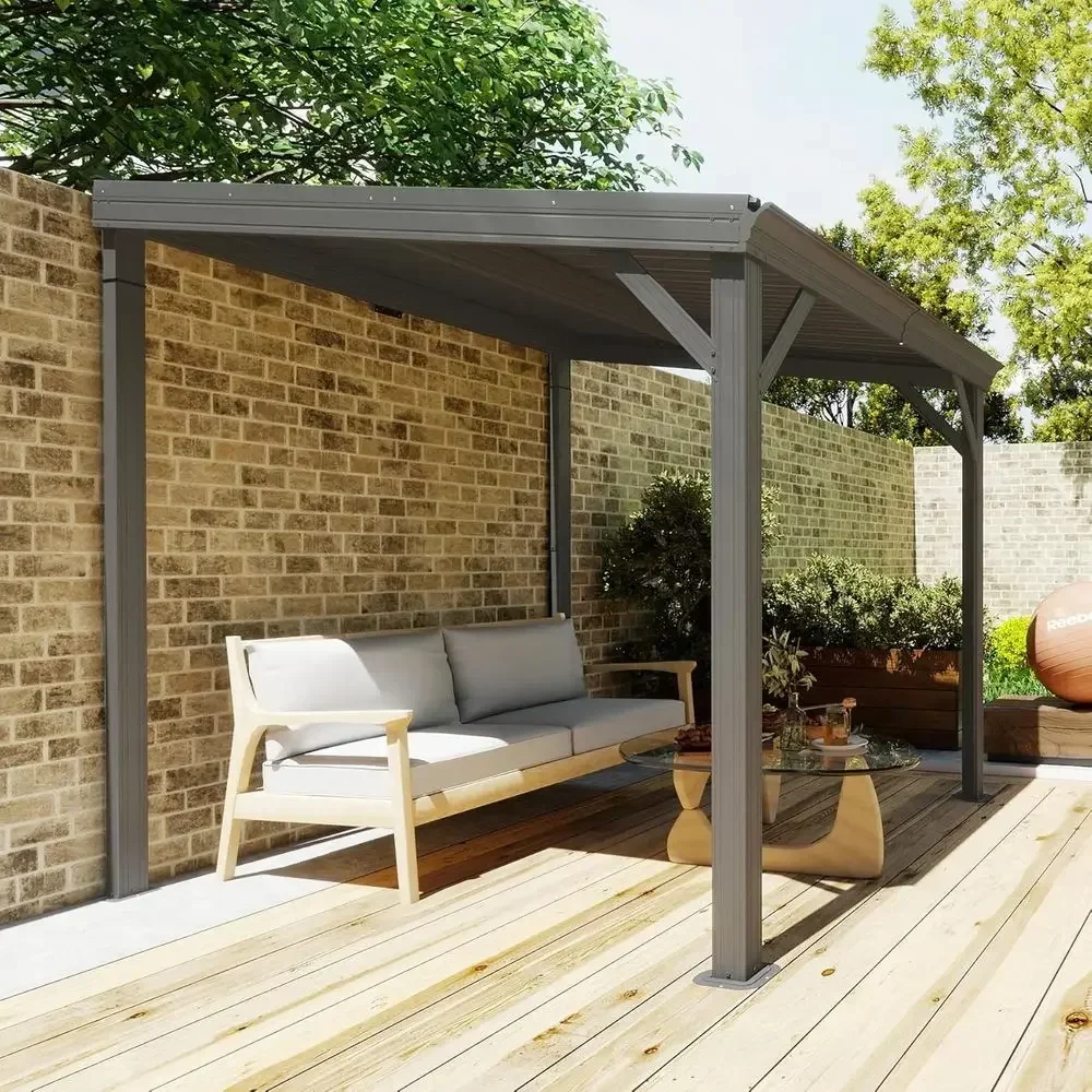 8'x8' Hardtop Wall-Mounted Pergola Gazebo with Sloping Steel Roof and Drainage System, Outdoor Metal Shelter for Patio Deck, Gre