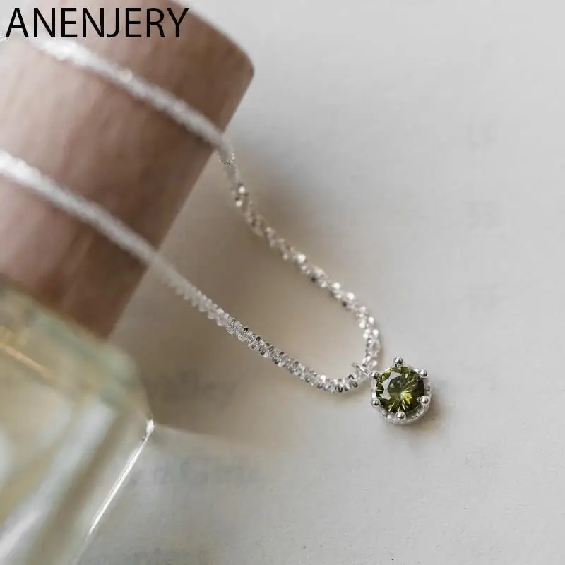 ANENJERY Silberfarbene Perlenkrone, 6 Krallen, olivgrüner Kristall, funkelnde Halskette, Damen-Schlüsselbeinkette, Anhänger, Großhandel