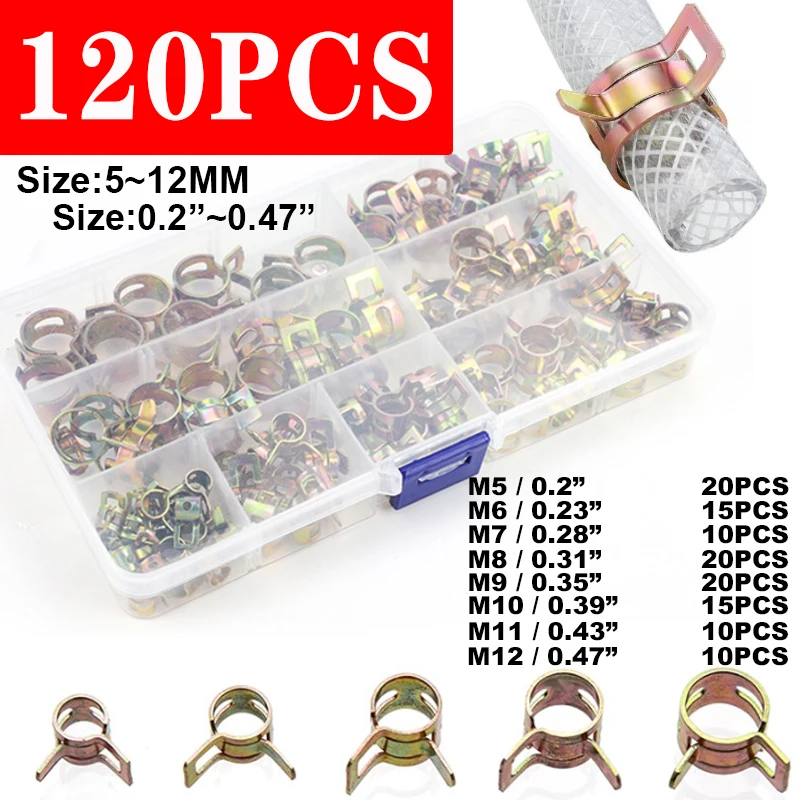 120Pcs Japanese-Style Spring Press Quick Clamps, Sizes 5-12mm, Galvanized Pipe Clamp Set in a Box, Suitable for Water Pipes, Rubber Hoses, and Automotive Fuel Lines
