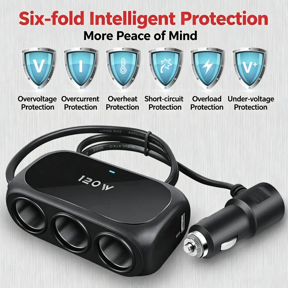 3 in 1 USB Type C Socket 120W Car Cigarette Lighter Splitter 12V 24V Fast Charger Phone Power Adapter for Car DVR GPS Dashcam