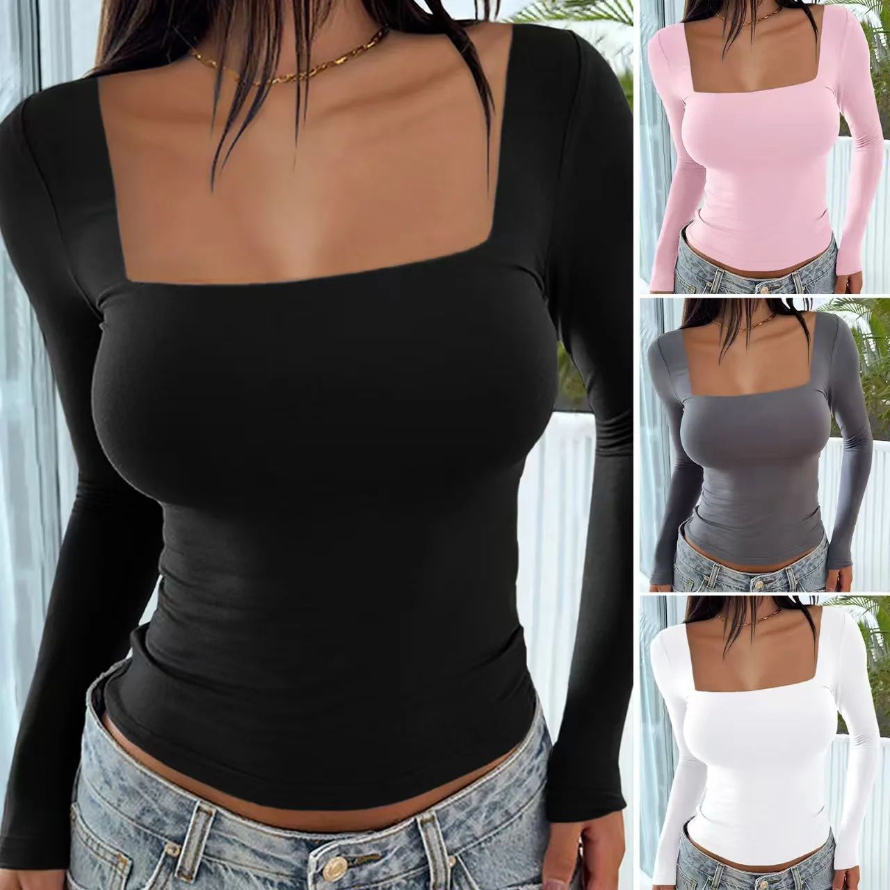 Women Square Neck Long Sleeve Slim Fit Pullover Tops Spring Summer Casual Commute High Sense