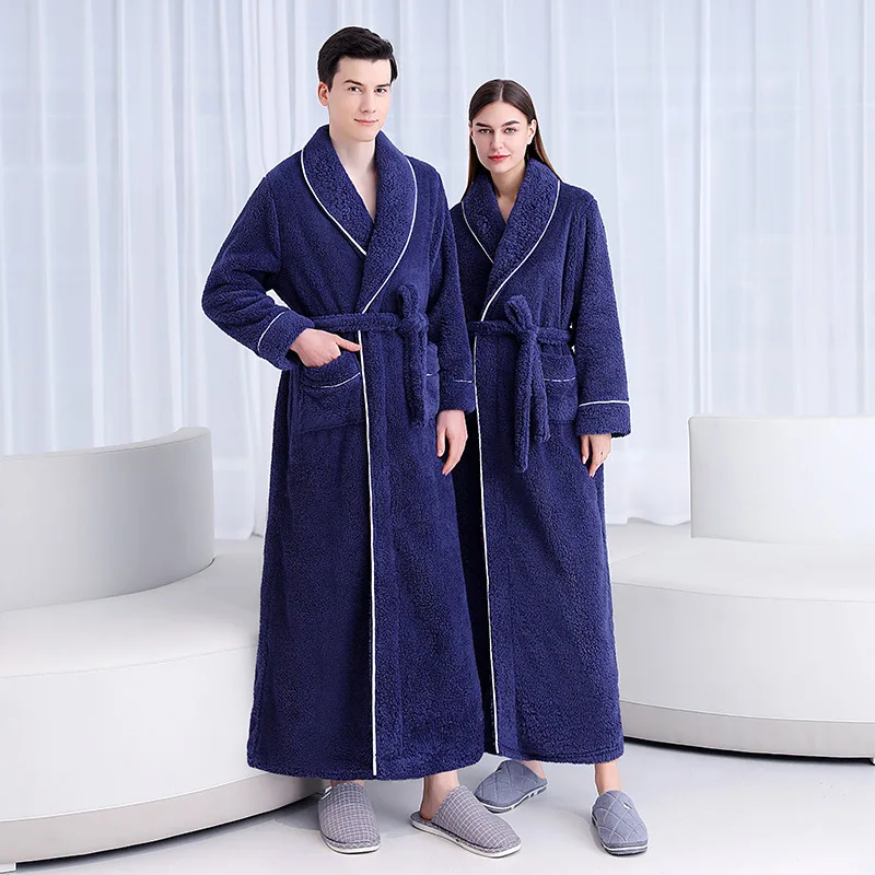 Lovers Winter Thick Warm Flannel Bathrobe Men Extra Long Kimono Bath Robe Women Soft as Silk Dressing Gown for Mens Night Robes