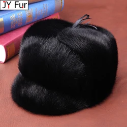 Hot Sale 100% Real Fur Hat Russian Mens Dad Ushanka Bomber Mink Fur Caps Winter Warm Aviator Black Fur Hats Free Delivery