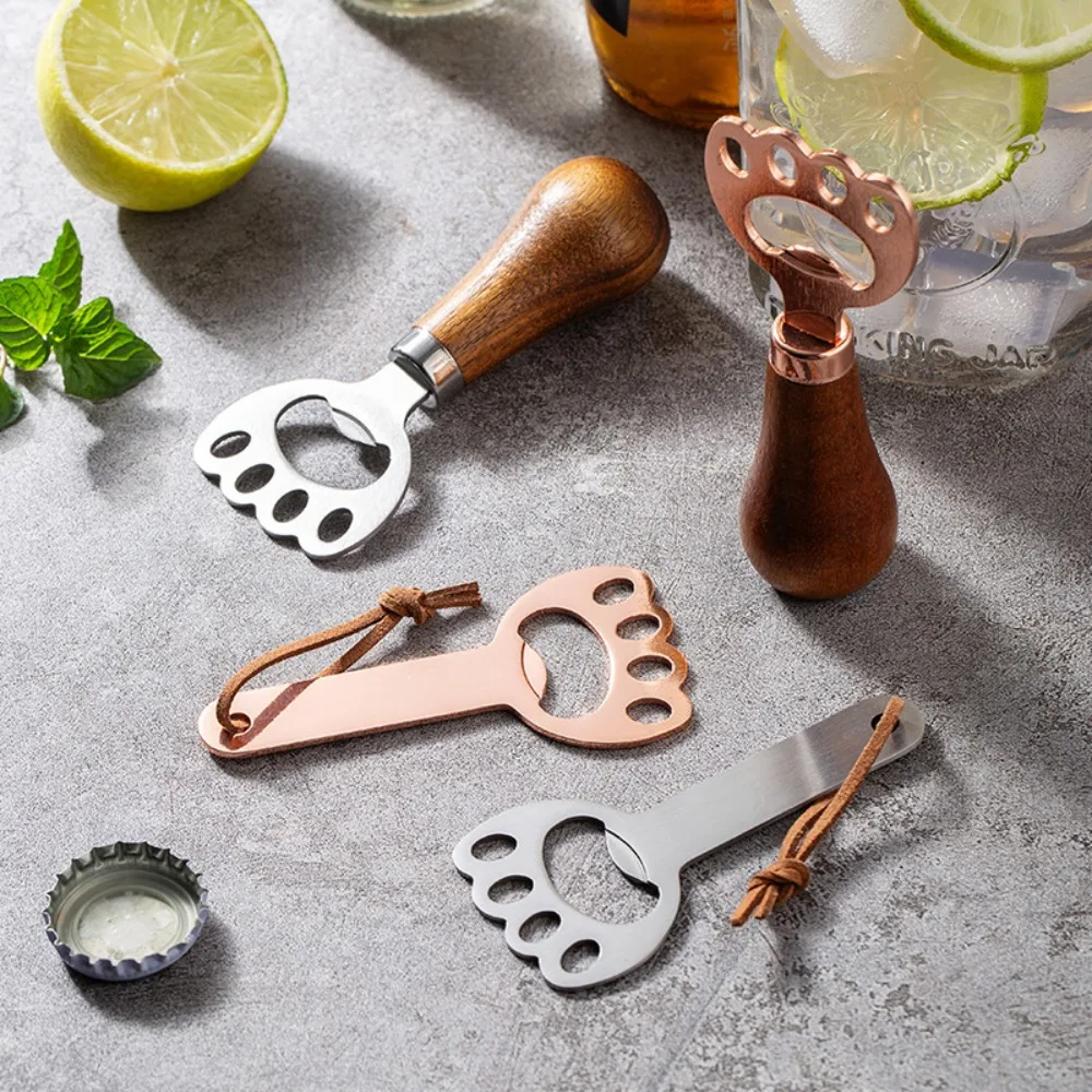 

4pcs Cute Wood Handle Cat Claw Beer Opener Set Stainless Steel Upright Keychain Bottle Opener Durable Drink Cap Lid Remover Gift