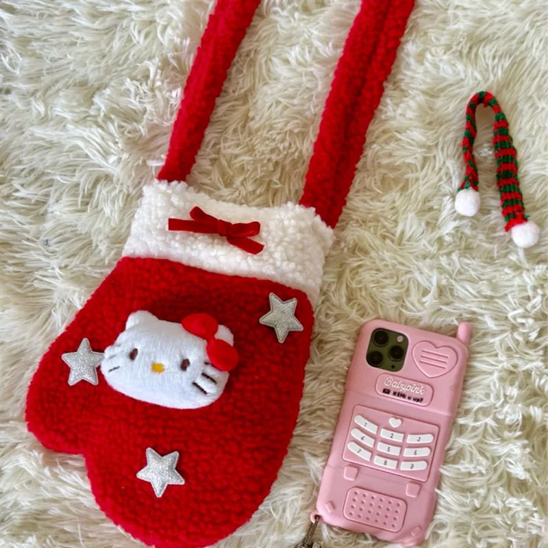 2024 New Sanrio Hello Kittys Crossbody Bag Creative Cute Anime Plush Red Gloves 3D Cartoon Cat Head Doll Christmas Toy Girl Gift