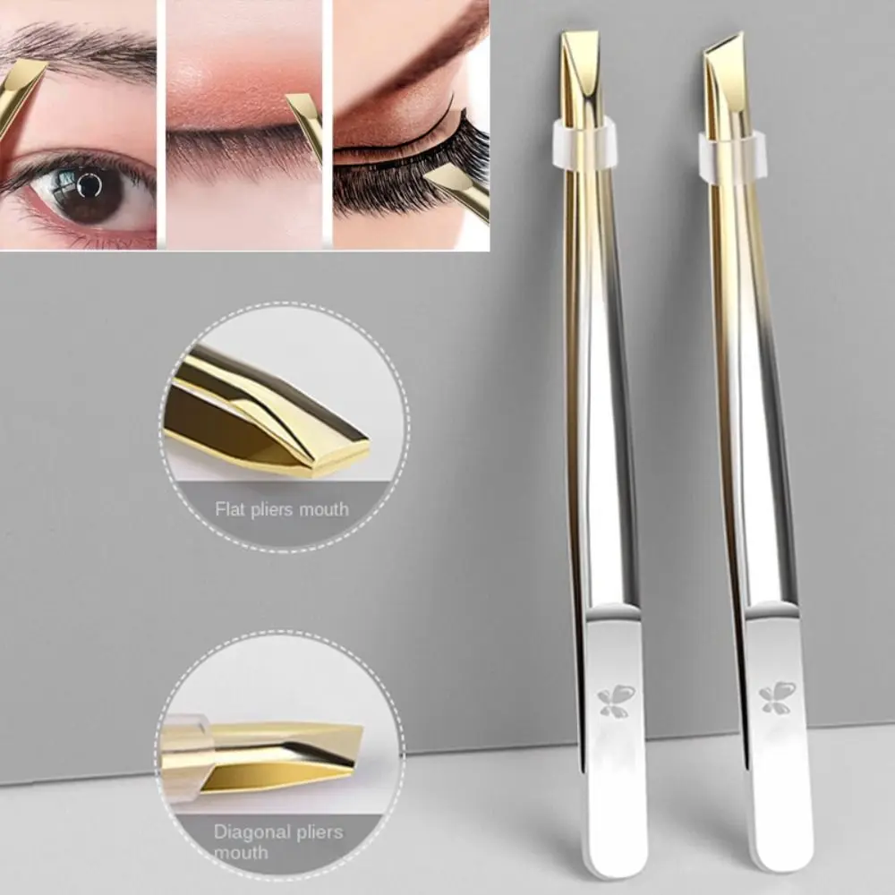 2pcs Flat/Slant Tip Eyebrow Tweezer Multifunction Stainless Steel Eyelash Tweezers False Eyelashes Clip Eyebrow Trimming